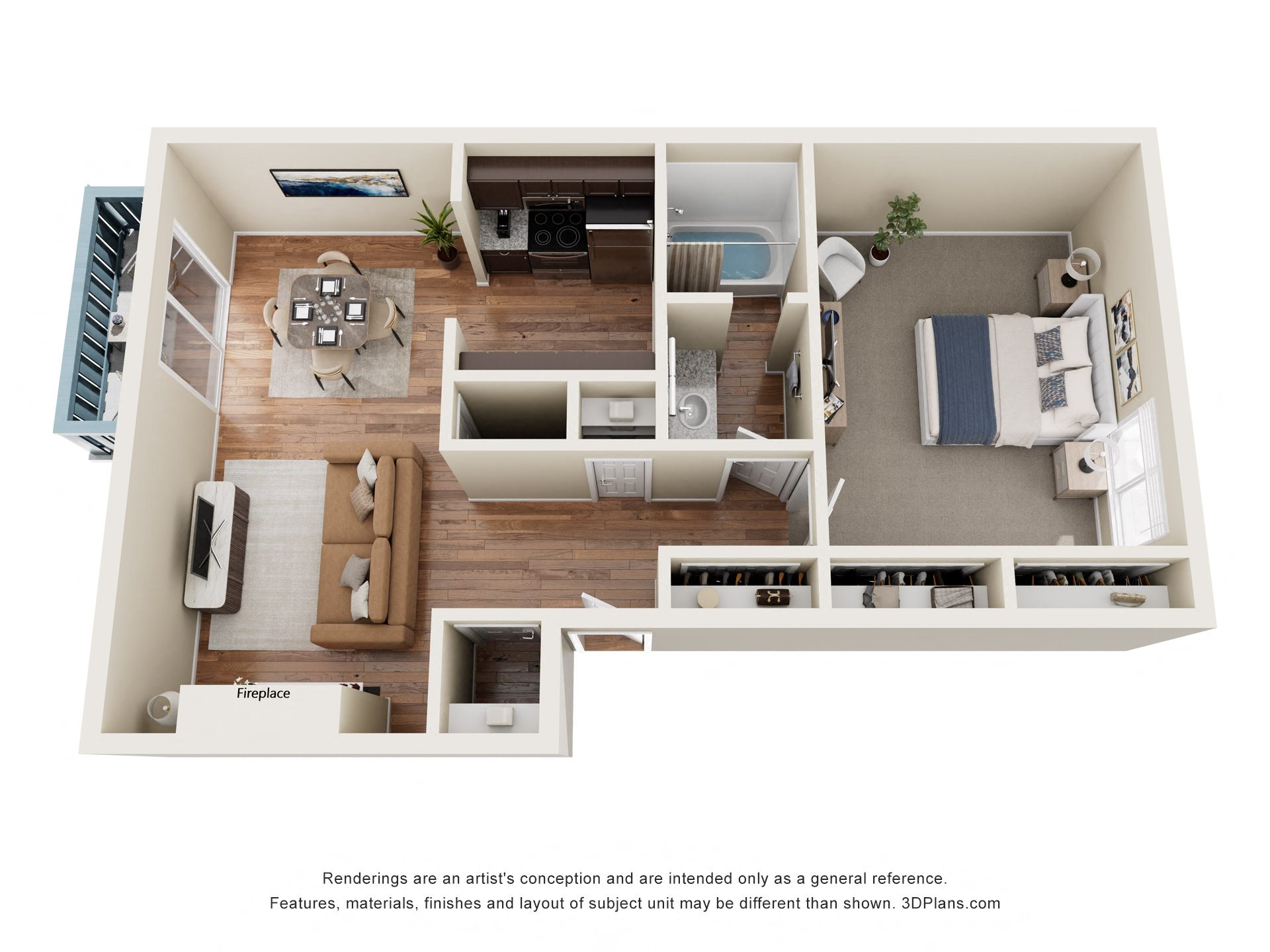 Floor plan for 1 bed, 1 bath, 750 sqft