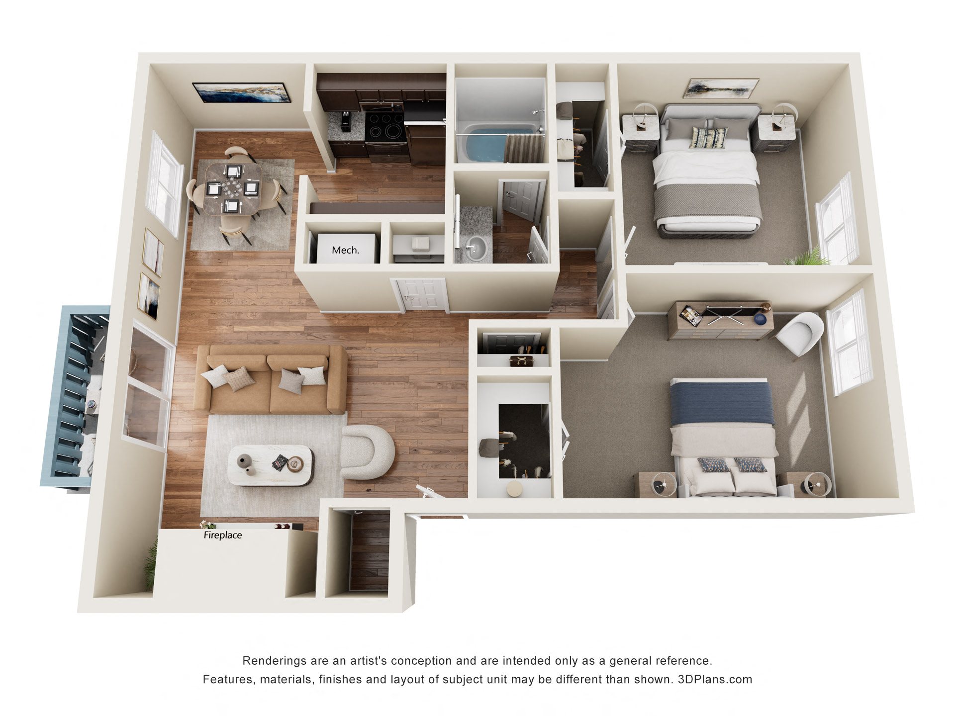 Floor plan for 2 beds, 1 bath, 987 sqft