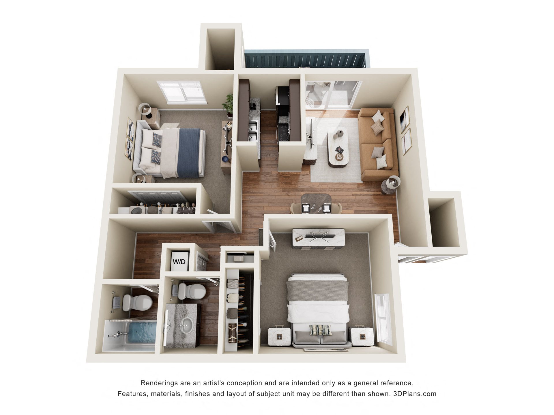 Floor plan for 2 beds, 1.5 baths, 1002 sqft