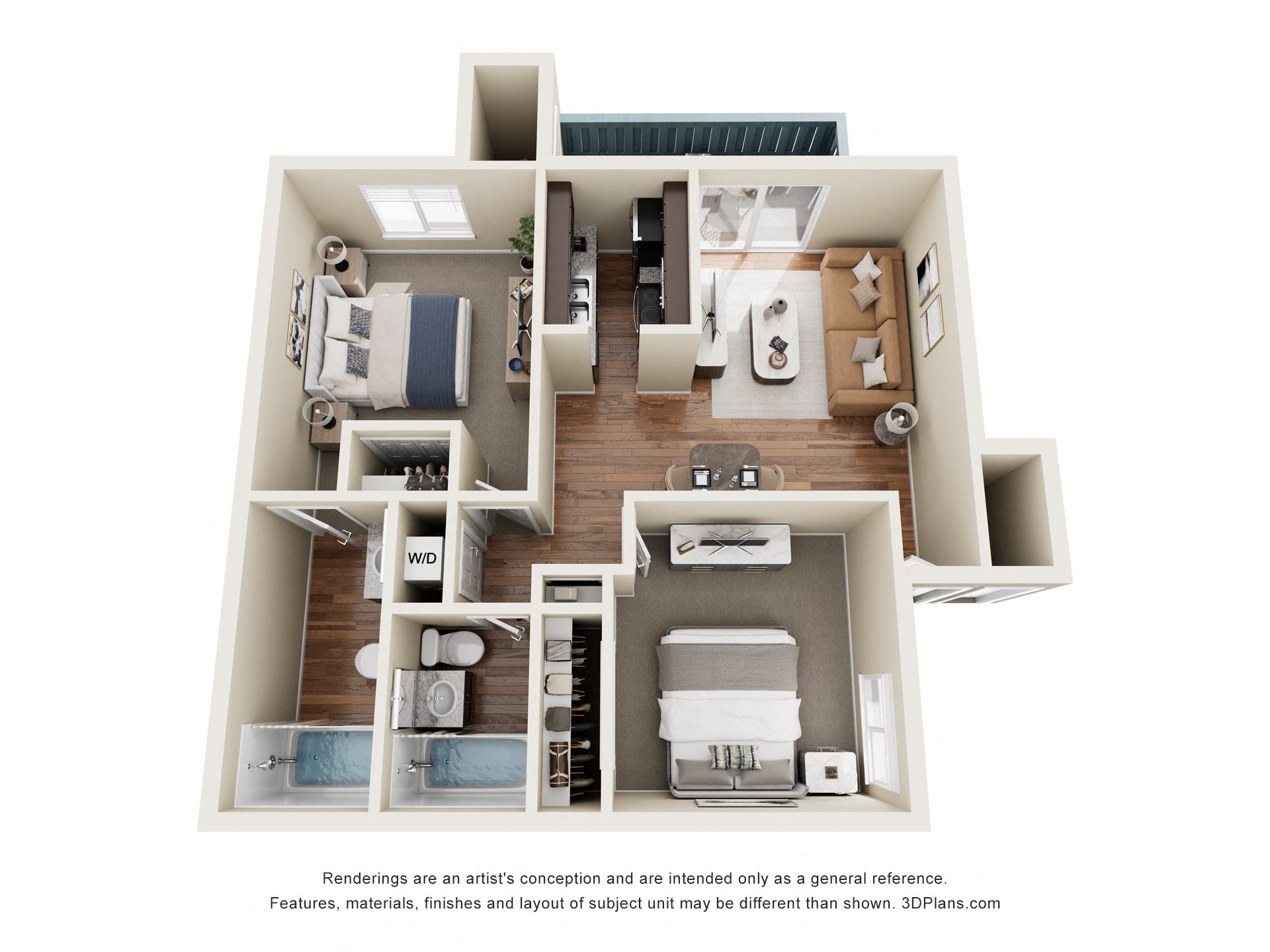 Floor plan for 2 beds, 2 baths, 1002 sqft