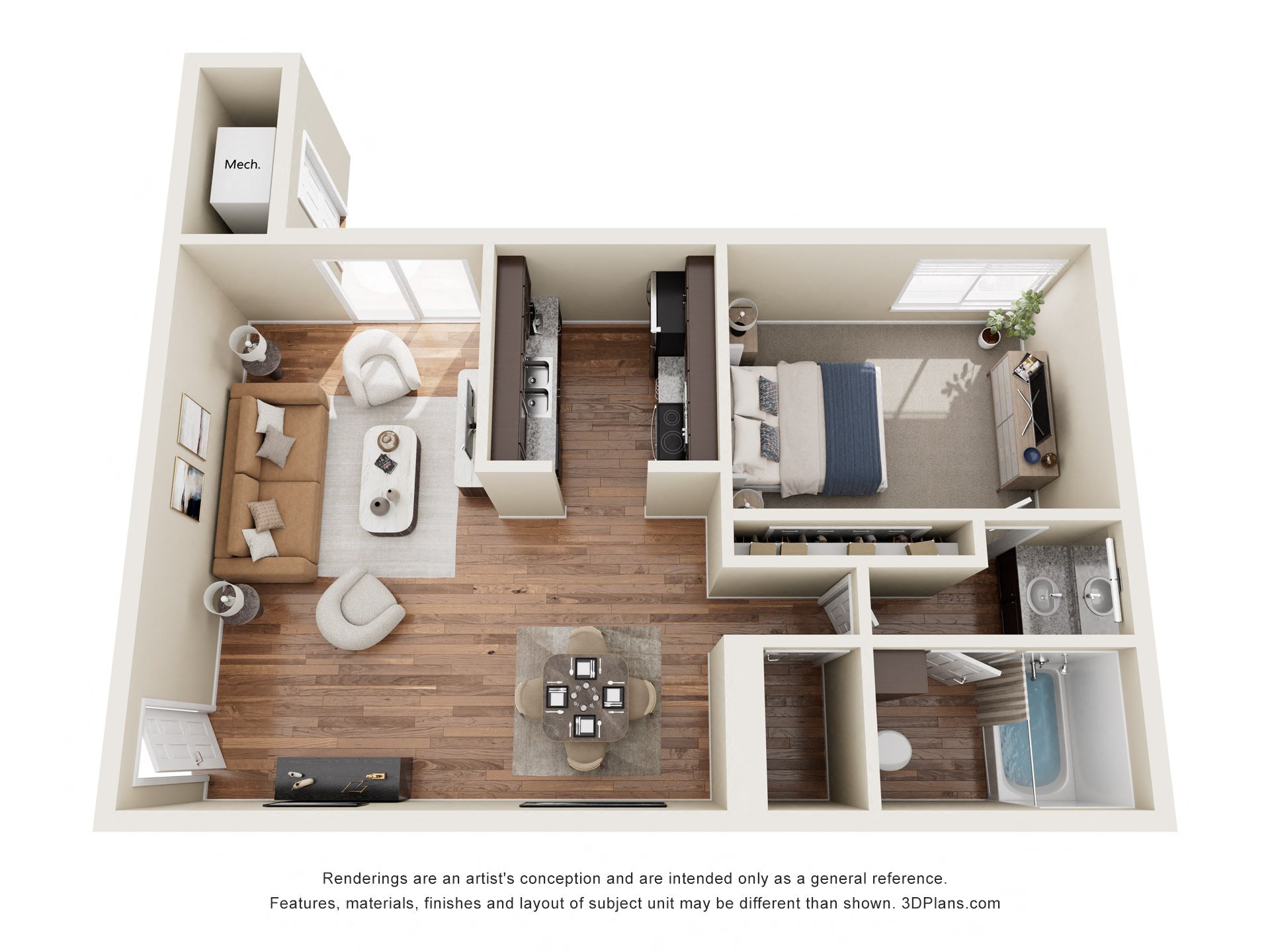 Floor plan for 1 bed, 1 bath, 820 sqft
