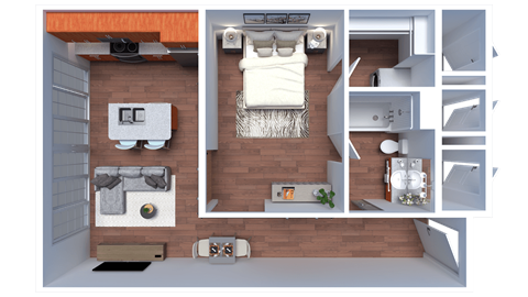 Floor plan for 1 bed, 1 bath, 629 sqft