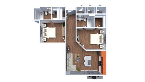 Floor plan for 2 beds, 2 baths, 1001 sqft