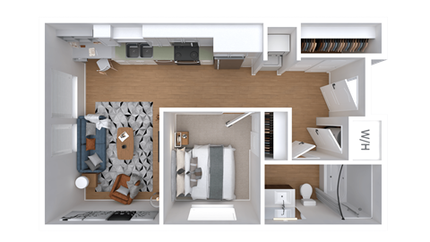 Floor plan for 1 bed, 1 bath, 505 sqft
