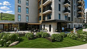 Park City townhouse for rent - A modern building with a green lawn in front.