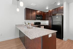 Salt Lake City apartment for rent - a kitchen with a granite counter top and a black refrigerator
