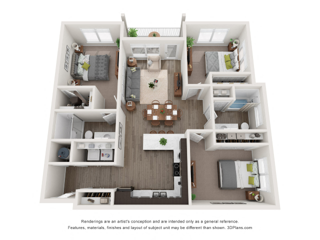 Floor plan for 3 beds, 2 baths, 1230 sqft