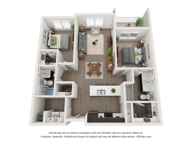 Floor plan for 2 beds, 2 baths, 1053 sqft