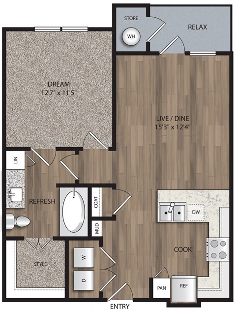 Floor plan for 1 bed, 1 bath, 680 sqft