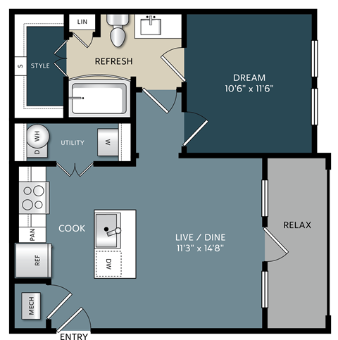 Floor plan for 1 bed, 1 bath, 588 sqft