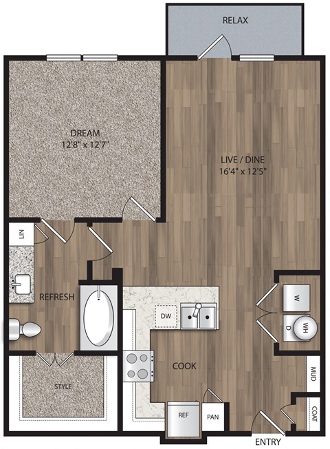Floor plan for 1 bed, 1 bath, 746 sqft