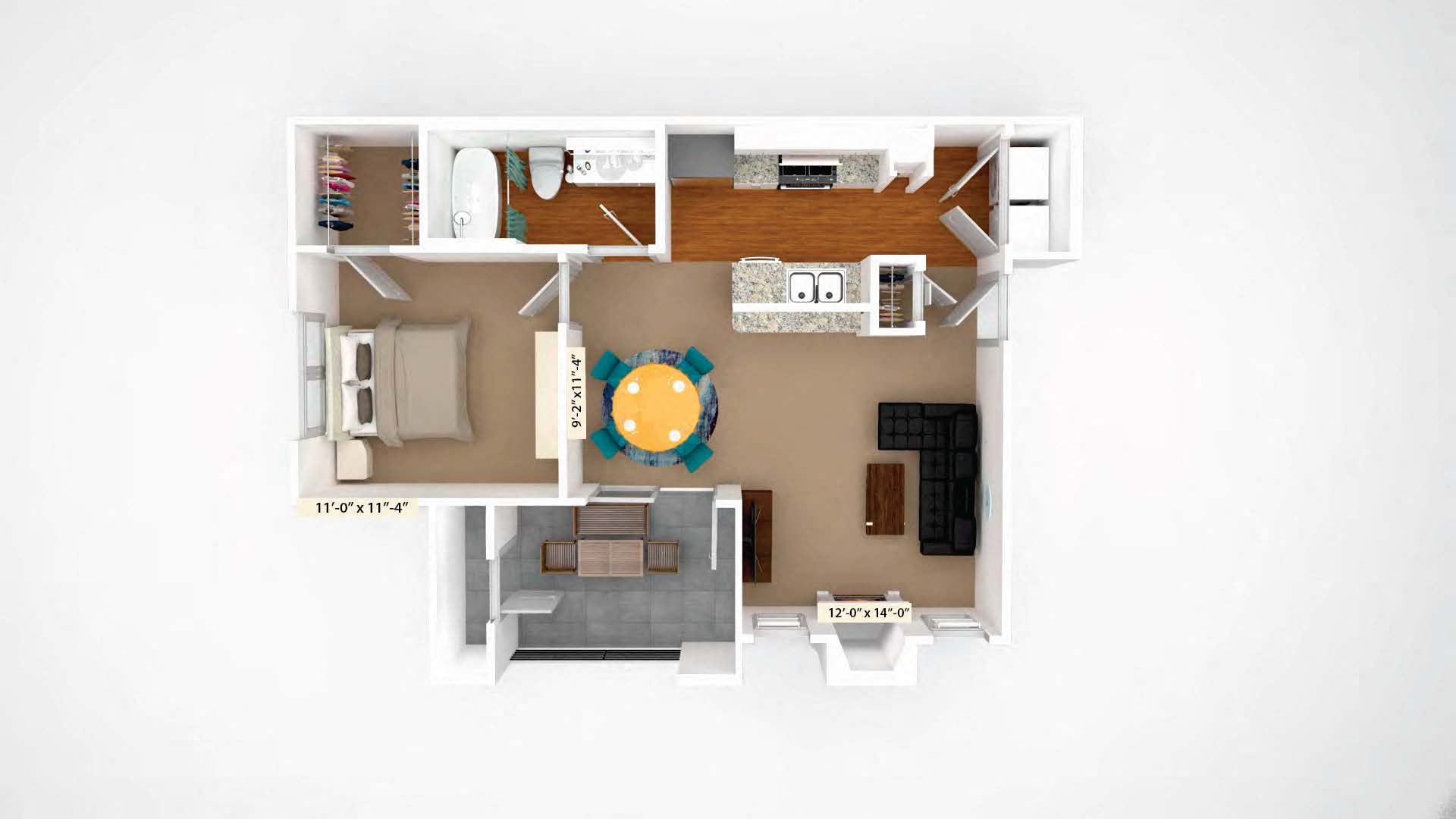 Floor plan for 1 bed, 1 bath, 691 sqft