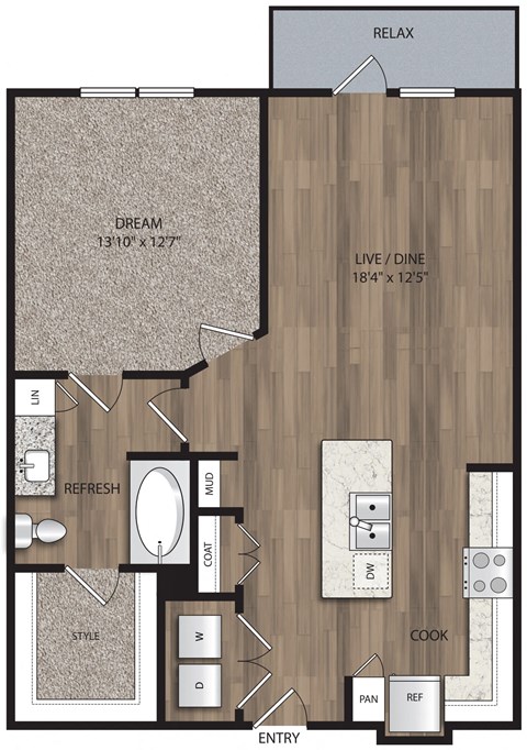 Floor plan for 1 bed, 1 bath, 786 sqft