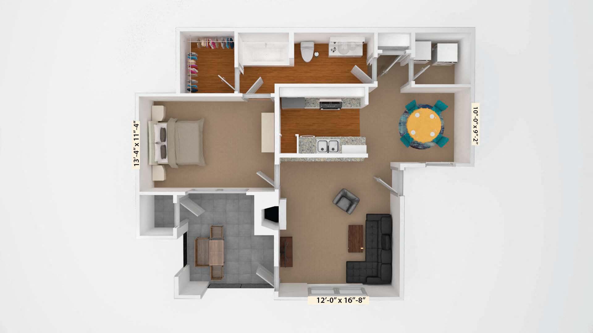 Floor plan for 1 bed, 1 bath, 760 sqft