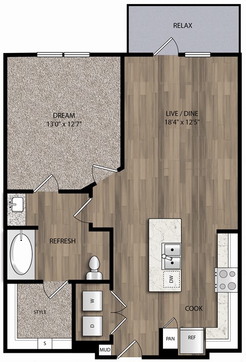 Floor plan for 1 bed, 1 bath, 791 sqft