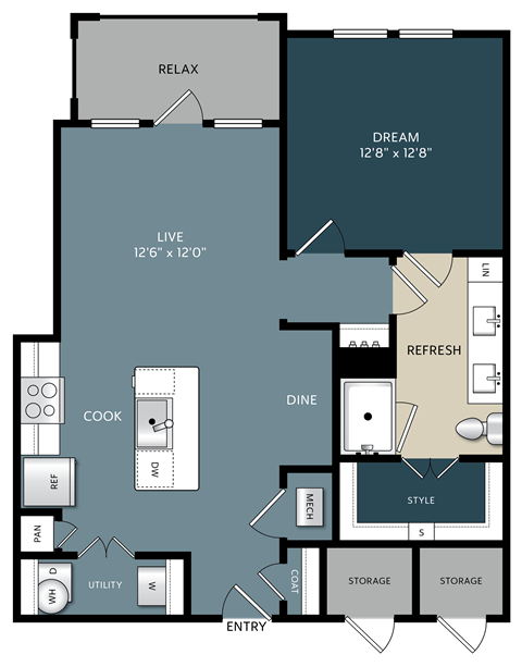 Floor plan for 1 bed, 1 bath, 778 sqft