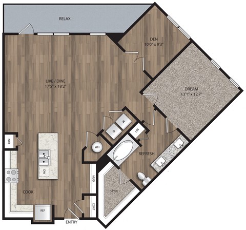 Floor plan for 1 bed, 1 bath, 1099 sqft