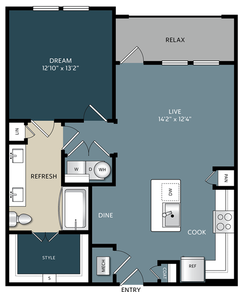 Floor plan for 1 bed, 1 bath, 790 sqft
