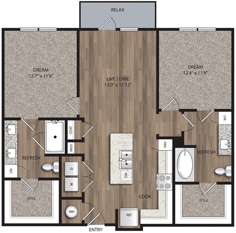 Floor plan for 2 beds, 2 baths, 1055 sqft