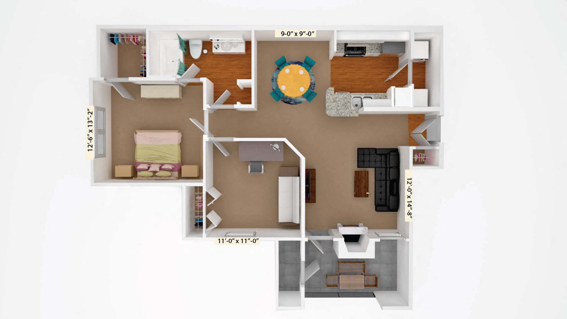 Floor plan for 2 beds, 1 bath, 880 sqft