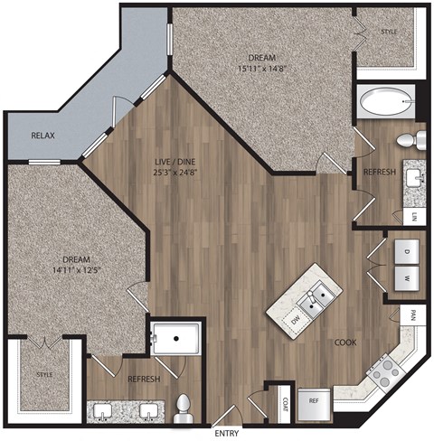 Floor plan for 2 beds, 2 baths, 1126 sqft