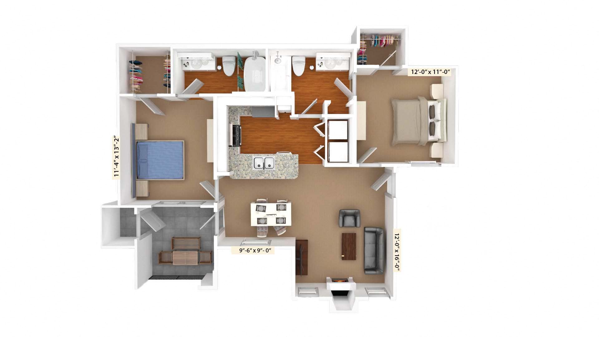 Floor plan for 2 beds, 2 baths, 961 sqft