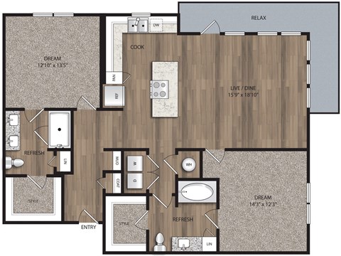 Floor plan for 2 beds, 2 baths, 1253 sqft