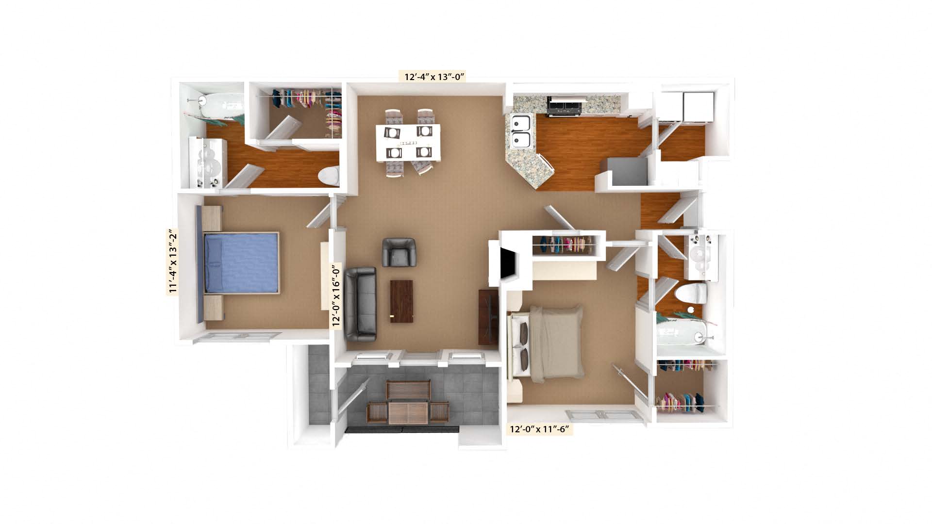 Floor plan for 2 beds, 2 baths, 1153 sqft