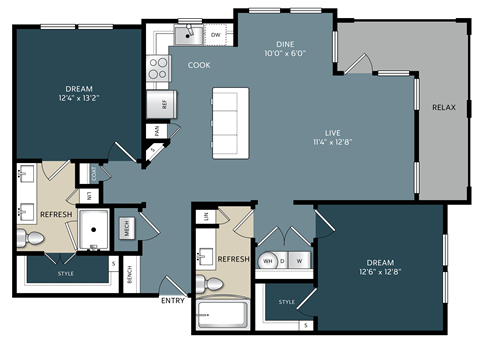 Floor plan for 2 beds, 2 baths, 1124 sqft