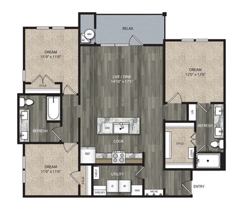Floor plan for 3 beds, 2 baths, 1392 sqft