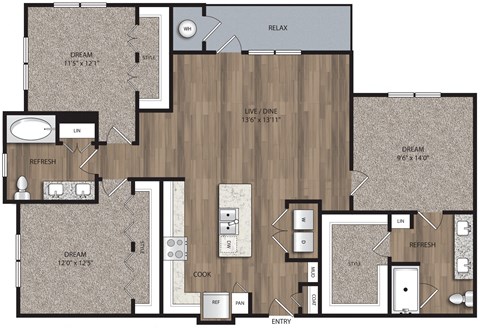 Floor plan for 3 beds, 2 baths, 1413 sqft