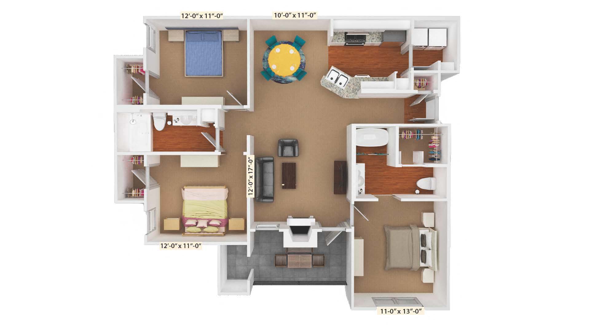 Floor plan for 3 beds, 2 baths, 1234 sqft