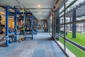 Burleson apartment for rent - A gym with blue weights and grey carpet.
