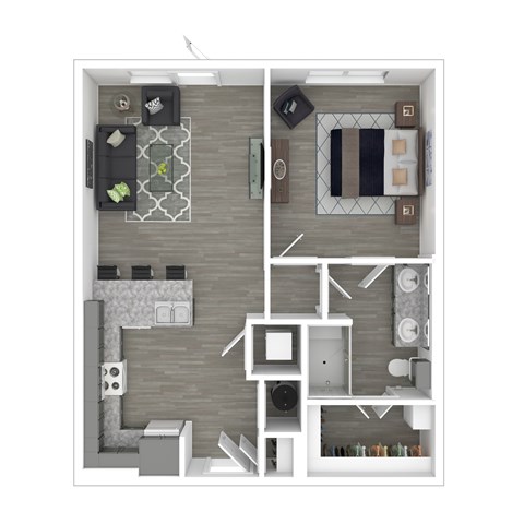 Floor plan for 1 bed, 1 bath, 657 sqft