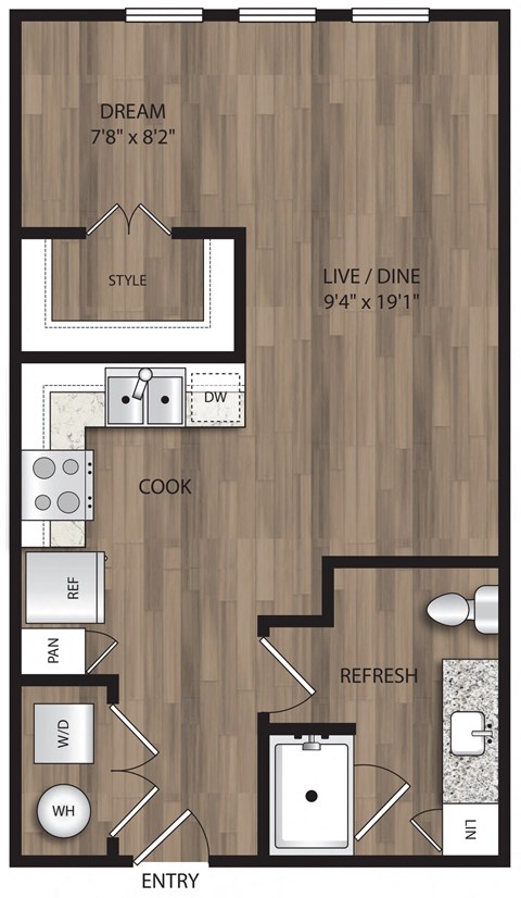 Floor plan for studio, 1 bath, 528 sqft