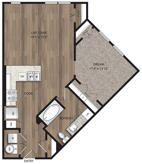 Floor plan for studio, 1 bath, 725 sqft
