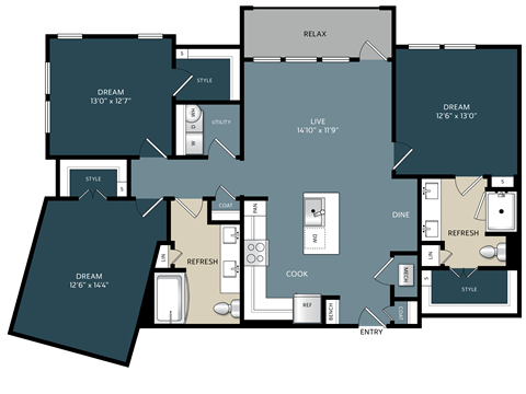 Floor plan for 3 beds, 2 baths, 1368 sqft