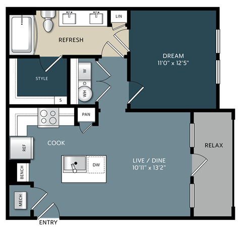 Floor plan for 1 bed, 1 bath, 645 sqft