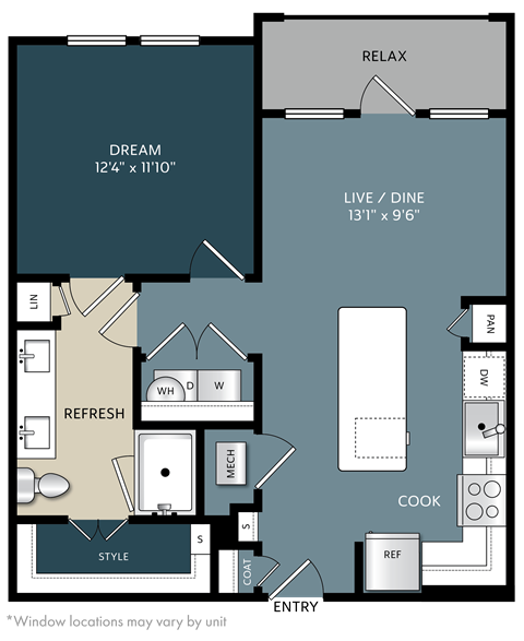 Floor plan for 1 bed, 1 bath, 673 sqft