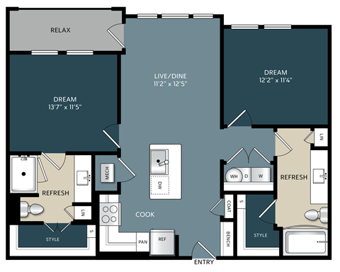 Floor plan for 2 beds, 2 baths, 958 sqft