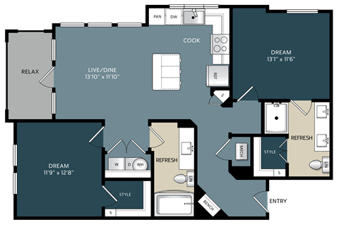 Floor plan for 2 beds, 2 baths, 999 sqft