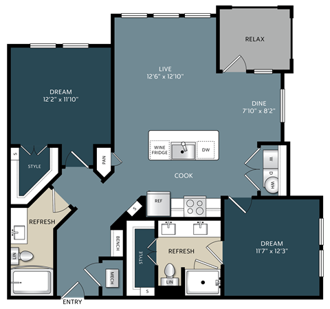 Floor plan for 2 beds, 2 baths, 1055 sqft