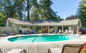 Olympia townhouse for rent - A pool in front of a house with a patio and chairs.