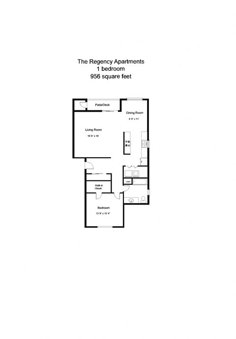 Floor plan for 1 bed, 1 bath, 956 sqft
