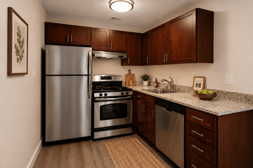 Englewood apartment for rent - A kitchen with a stainless steel refrigerator and oven.