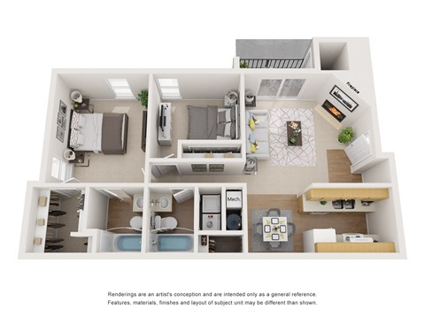 Floor plan for 2 beds, 2 baths, 965 sqft