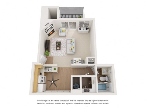 Floor plan for studio, 1 bath, 588 sqft