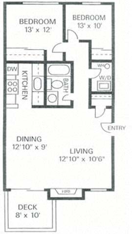 Floor plan for 2 beds, 1 bath, 777 sqft