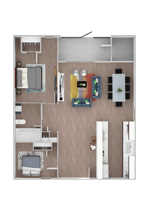 Floor plan for 2 beds, 1 bath, 827 sqft