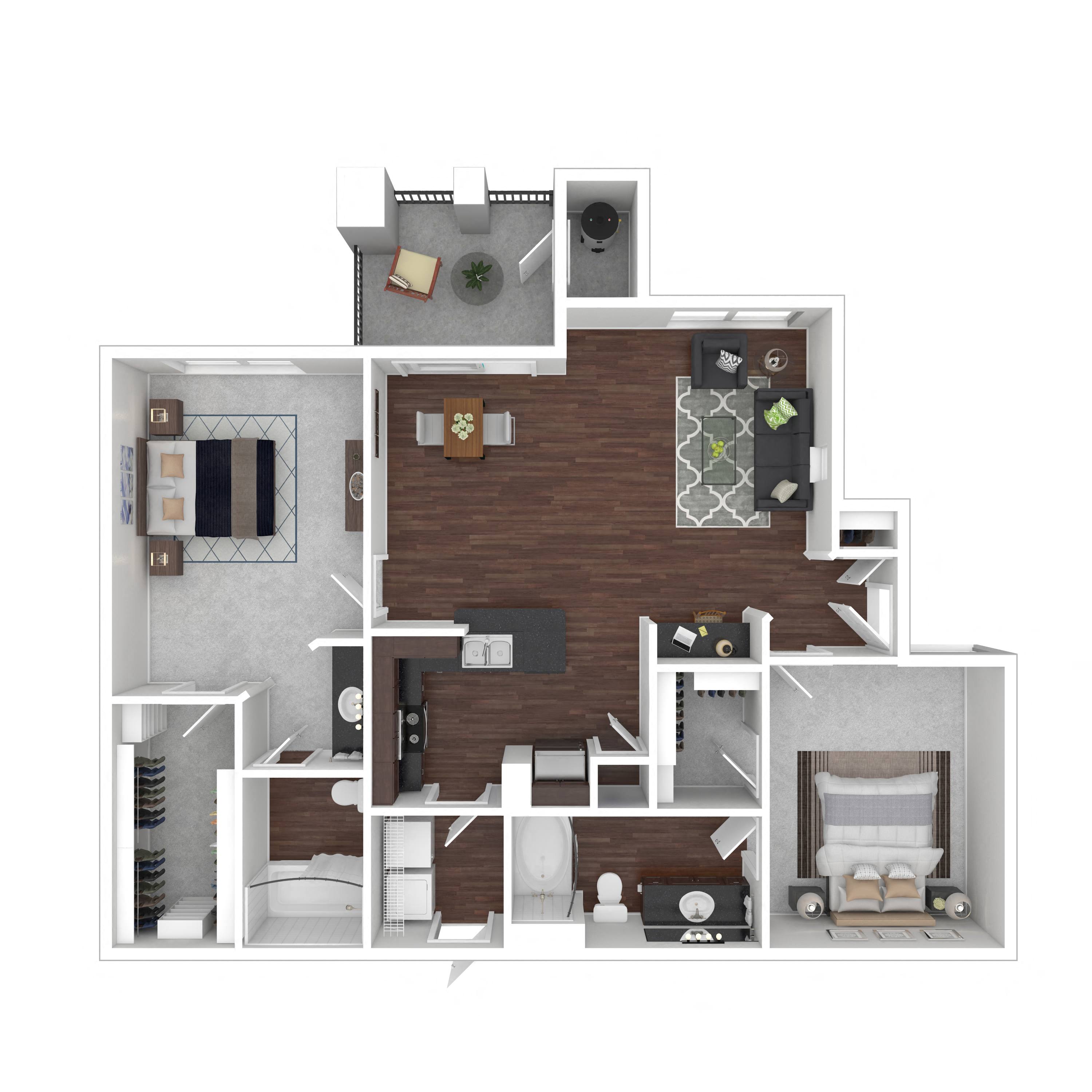 Floor plan for 2 beds, 2 baths, 1077 sqft